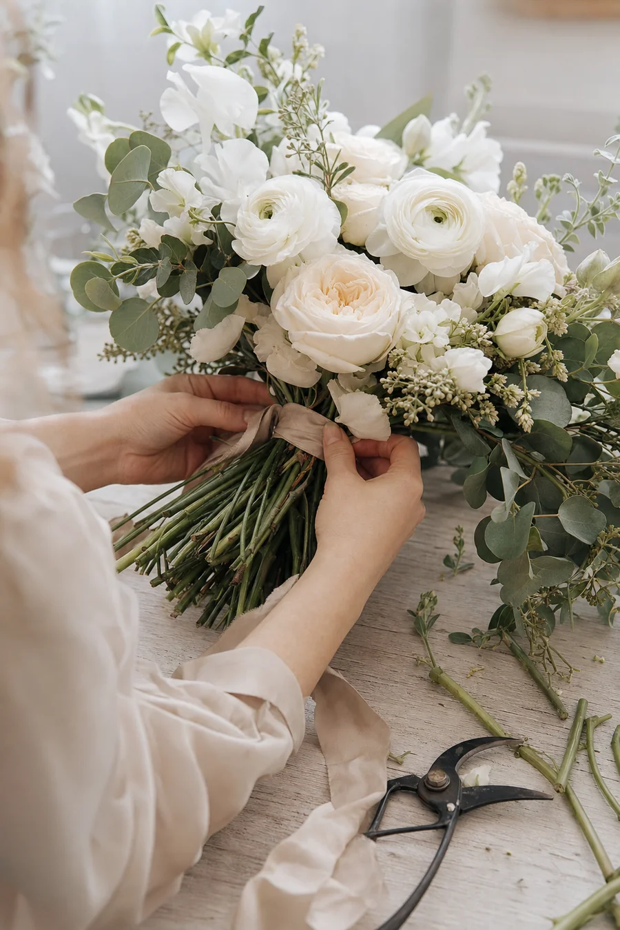 Florist tying a bouquet