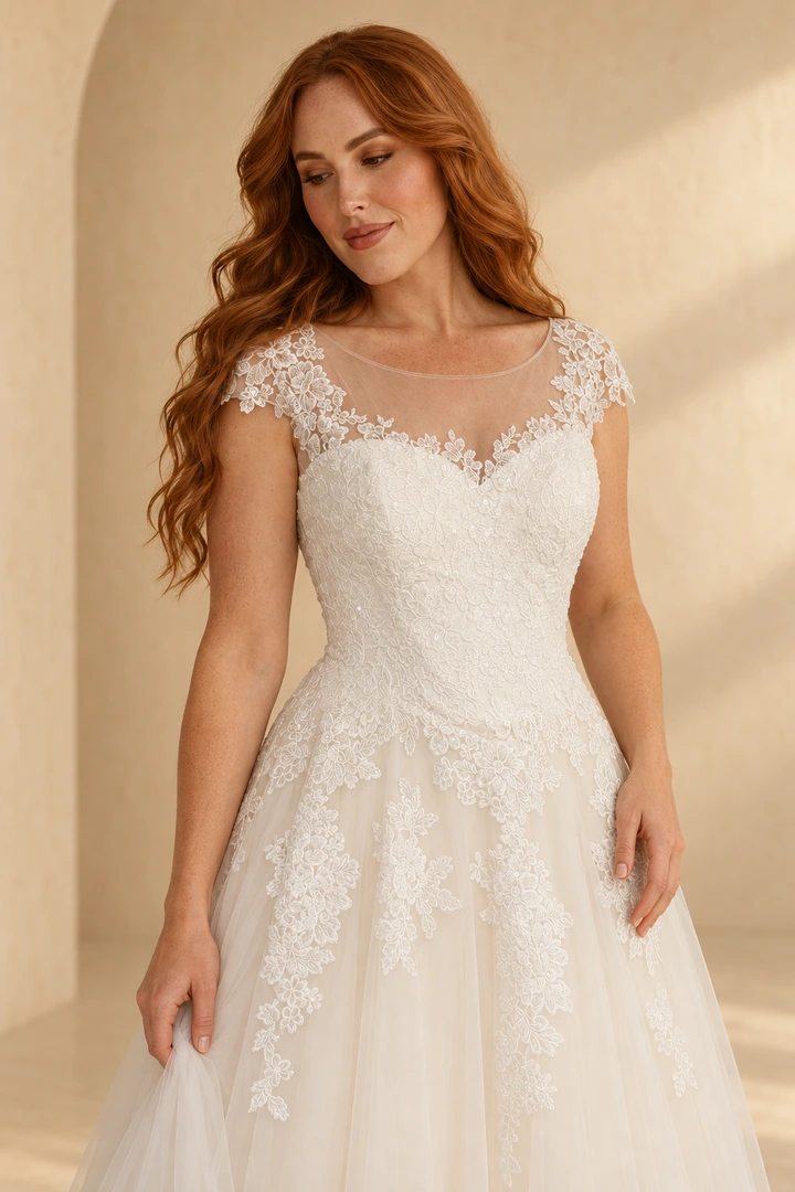 The Iriska wedding dress — closer model-worn view