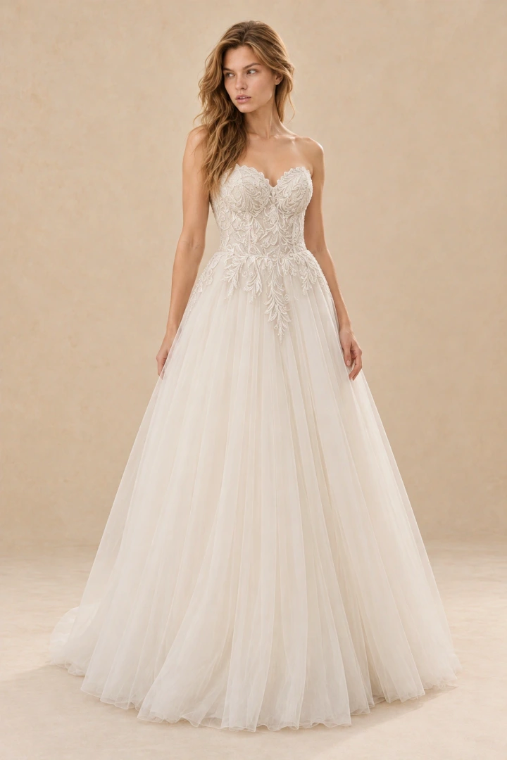 The Pocahontas wedding dress — full-length front view