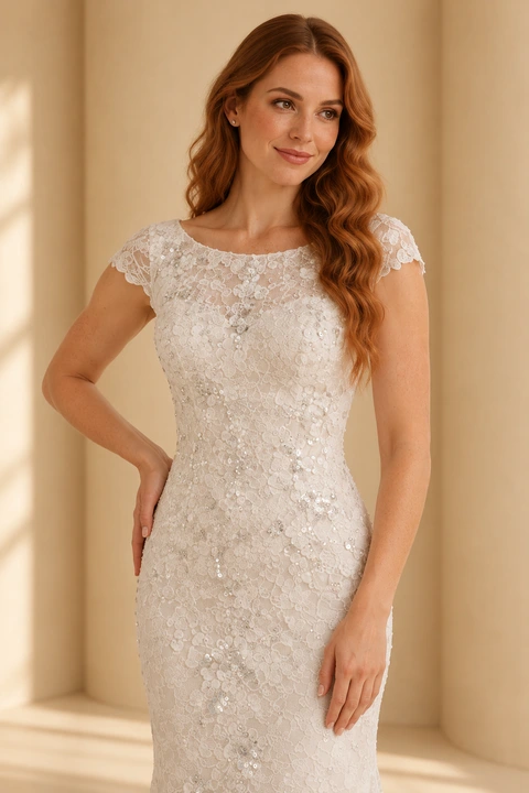 The Softer Then Silk wedding dress — closer model-worn view