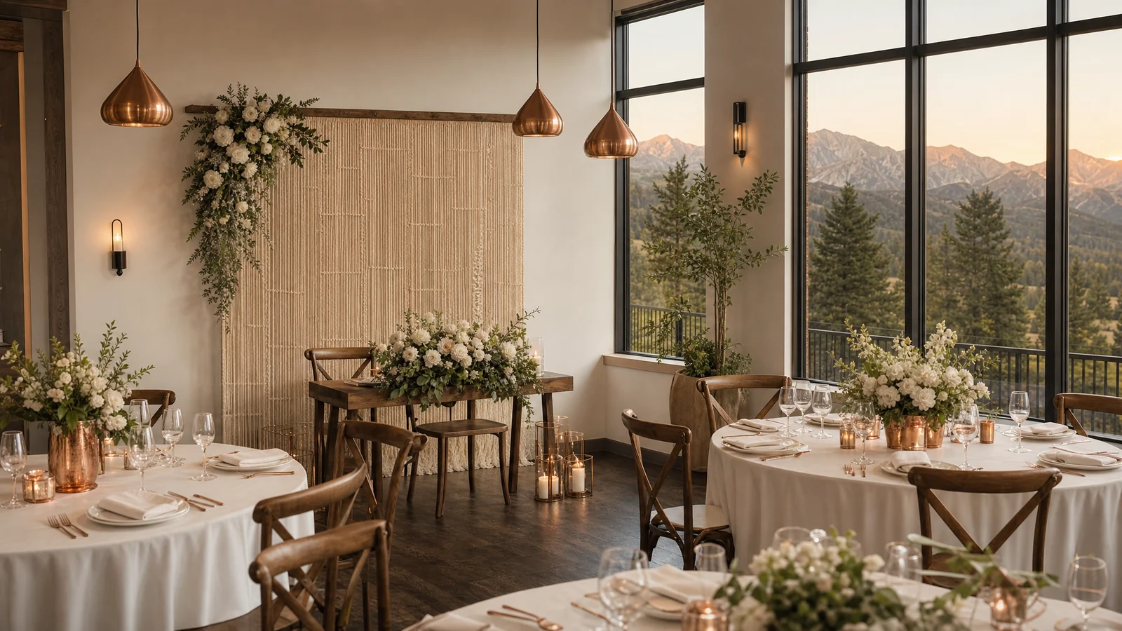 Modern intimate wedding reception style inspiration with warm copper details