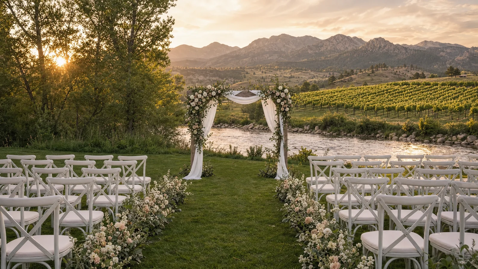 Riverside vineyard wedding ceremony style inspiration for Northern Colorado venues